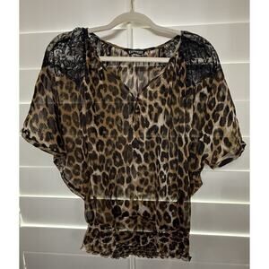 Express Women's Leopard Print Short Sleeve Sheer Blouse Top Animal Print MEDIUM